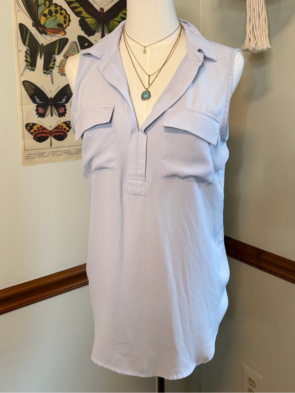 LOFT Soft Blue Sleeveless V-Neck Blouse with Chest Pockets